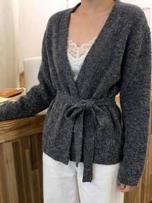 DAZY Grey V-Neck Tie Waist Loose Batwing Sleeve Long Sleeve Fuzzy Casual Knit Cardigan - Grey - View 2