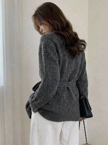 DAZY Grey V-Neck Tie Waist Loose Batwing Sleeve Long Sleeve Fuzzy Casual Knit Cardigan - Grey - View 3