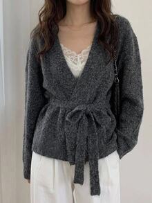 DAZY Grey V-Neck Tie Waist Loose Batwing Sleeve Long Sleeve Fuzzy Casual Knit Cardigan - Grey - View 5