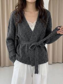 DAZY Grey V-Neck Tie Waist Loose Batwing Sleeve Long Sleeve Fuzzy Casual Knit Cardigan - Grey - View 4