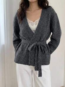DAZY Grey V-Neck Tie Waist Loose Batwing Sleeve Long Sleeve Fuzzy Casual Knit Cardigan - Grey - View 6
