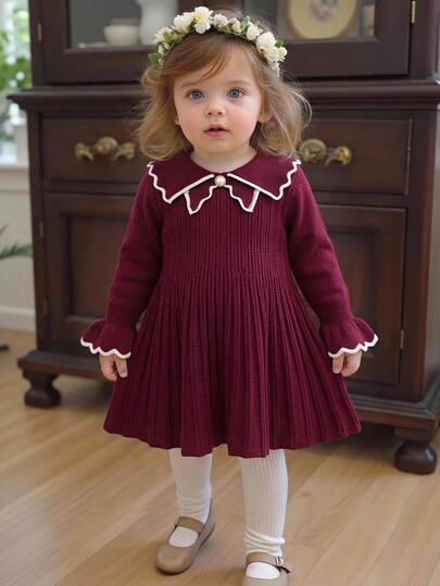 SHEIN Baby Girls Sweater Co-Ords Sweet Elegant Girls College Style Knitted Dress Autumn/Winter Long Sleeve Collared Flared Dress Suitable For Autumn/Winter