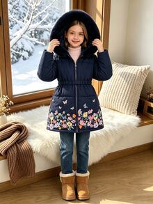 Tween Girl Winter Mid-Length Cinched Waist Padded Coat With Large Fur Collar And Floral Print Hem Thick School Club Formal Navy Blue Cute Graphic - Navy Blue - View 9