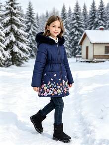 Tween Girl Winter Mid-Length Cinched Waist Padded Coat With Large Fur Collar And Floral Print Hem Thick School Club Formal Navy Blue Cute Graphic - Navy Blue - View 8