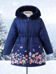 Tween Girl Winter Mid-Length Cinched Waist Padded Coat With Large Fur Collar And Floral Print Hem Thick School Club Formal Navy Blue Cute Graphic - Navy Blue - View 3