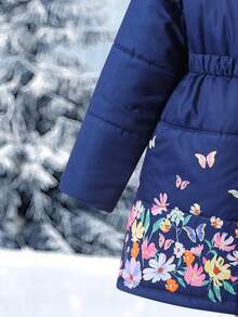 Tween Girl Winter Mid-Length Cinched Waist Padded Coat With Large Fur Collar And Floral Print Hem Thick School Club Formal Navy Blue Cute Graphic - Navy Blue - View 4