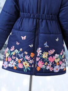 Tween Girl Winter Mid-Length Cinched Waist Padded Coat With Large Fur Collar And Floral Print Hem Thick School Club Formal Navy Blue Cute Graphic - Navy Blue - View 6