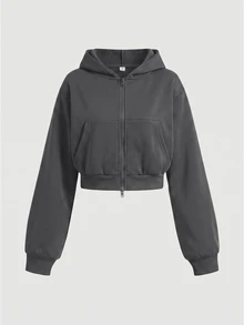 SHEIN Girlism 青少年女孩灰色連帽兩件套，雙拉鍊秋季夾克搭配直筒寬鬆長褲，學院風，適合返校季與街頭穿搭 - 灰色 - 查看 6