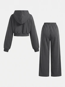 SHEIN Girlism 青少年女孩灰色連帽兩件套，雙拉鍊秋季夾克搭配直筒寬鬆長褲，學院風，適合返校季與街頭穿搭 - 灰色 - 查看 2