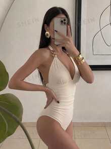 SHEIN Swim 女款優雅連身泳衣，棕色尼龍優雅泳裝，適合海灘泳池休閒派對度假，春夏穿著 - 杏色 - 查看 3
