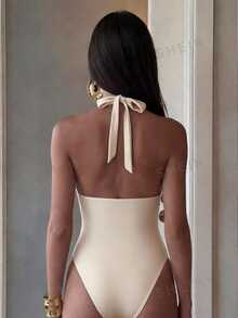 SHEIN Swim 女款優雅連身泳衣，棕色尼龍優雅泳裝，適合海灘泳池休閒派對度假，春夏穿著 - 杏色 - 查看 2