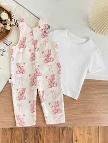 SHEIN 2件組女嬰幼童女童吊帶褲T恤套裝 可愛甜美公主風 粉色白色熊蝴蝶結 燈芯絨短袖 常規款 生日派對 秋季假期 - 白色 - 查看 6