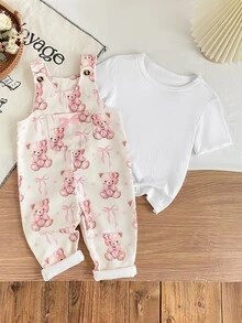 SHEIN 2件組女嬰幼童女童吊帶褲T恤套裝 可愛甜美公主風 粉色白色熊蝴蝶結 燈芯絨短袖 常規款 生日派對 秋季假期 - 白色 - 查看 5