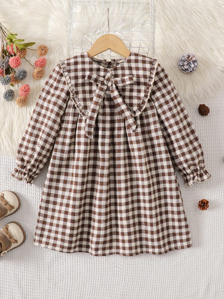 Young Girl Young Girls Cute Vacation Casual Apricot Plaid Pattern Bow Long Sleeve Loose Dress Autumn Floral Dress, School ,Back To School,School Uniform - Khaki - View 4