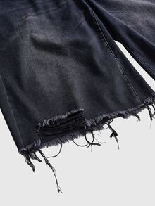 ROMWE Grunge Punk Vintage Asymmetrical Double Waistband Washed Loose Wide Leg Denim Mid-Length Jeans Plus Size - Black - View 6