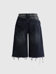 ROMWE Grunge Punk Vintage Asymmetrical Double Waistband Washed Loose Wide Leg Denim Mid-Length Jeans Plus Size - Black - View 5