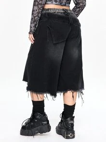 ROMWE Grunge Punk Vintage Asymmetrical Double Waistband Washed Loose Wide Leg Denim Mid-Length Jeans Plus Size - Black - View 3