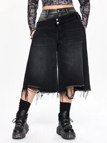ROMWE Grunge Punk Vintage Asymmetrical Double Waistband Washed Loose Wide Leg Denim Mid-Length Jeans Plus Size - Black - View 1