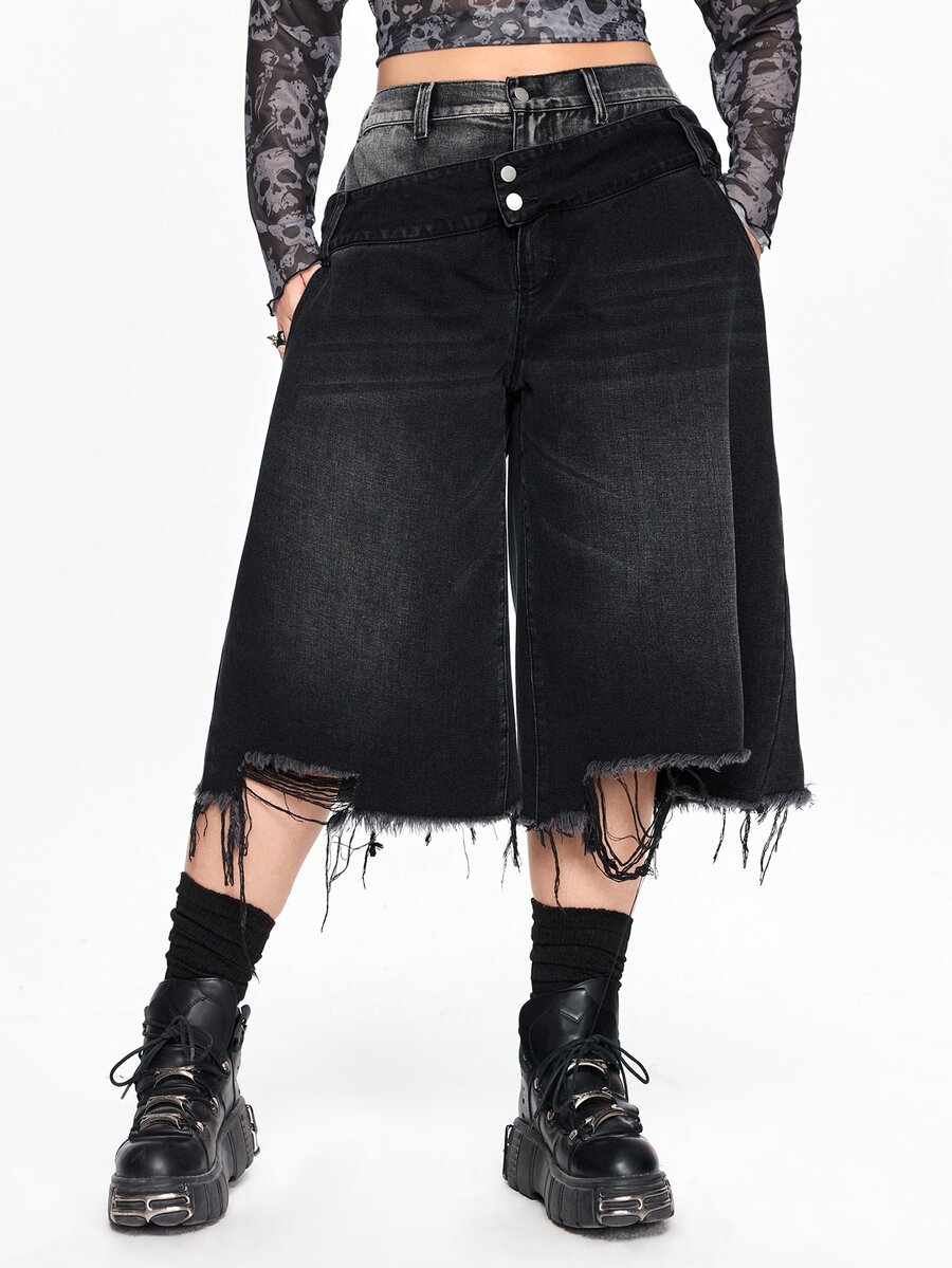 ROMWE Grunge Punk Vintage Asymmetrical Double Waistband Washed Loose Wide Leg Denim Mid-Length Jeans Plus Size - Black - View 1
