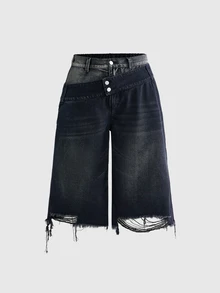 ROMWE Grunge Punk Vintage Asymmetrical Double Waistband Washed Loose Wide Leg Denim Mid-Length Jeans Plus Size - Black - View 4