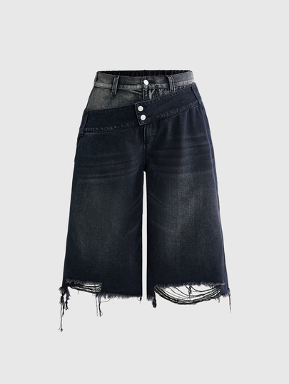 Grunge Punk Vintage Asymmetrical Double Waistband Washed Loose Wide Leg Denim Mid-Length Jeans Plus Size