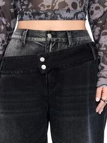 ROMWE Grunge Punk Vintage Asymmetrical Double Waistband Washed Loose Wide Leg Denim Mid-Length Jeans Plus Size - Black - View 2