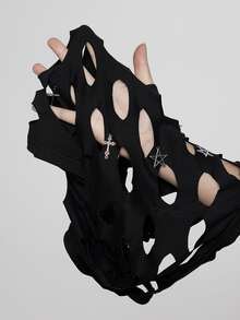 ROMWE Goth Punk Sexy Fishnet Burnout Design Cross Metal Pendant Fitted Tube Top - Black - View 7