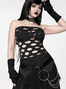 ROMWE Goth Punk Sexy Fishnet Burnout Design Cross Metal Pendant Fitted Tube Top - Black - View 1
