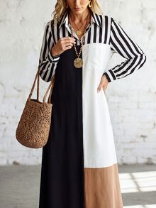 SHEIN 休閒通勤極簡風女款長袖條紋多色洋裝,秋冬款,適合辦公室、工作與外出 - 彩色 - 查看 10