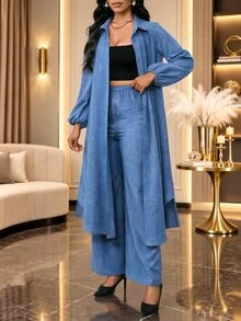 SHEIN Lady 女款兩件式套裝 居家旅行穿搭 灰藍色 秋冬休閒 - 藍色 - 查看 7
