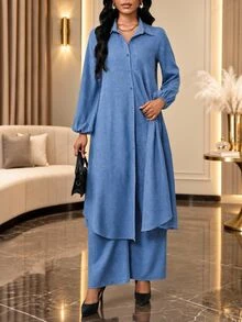 SHEIN Lady 女款兩件式套裝 居家旅行穿搭 灰藍色 秋冬休閒 - 藍色 - 查看 3
