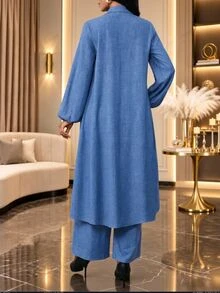 SHEIN Lady 女款兩件式套裝 居家旅行穿搭 灰藍色 秋冬休閒 - 藍色 - 查看 2