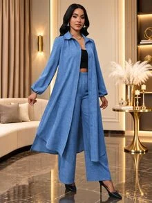 SHEIN Lady 女款兩件式套裝 居家旅行穿搭 灰藍色 秋冬休閒 - 藍色 - 查看 6