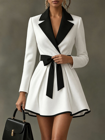 SHEIN Robe blazer blocs de couleurs automne pour femmes avec col en V, ceinture à la taille, nœud papillon, jupe trapèze, poches, élégante, blanc et noir, pour fête, brunch, banquet