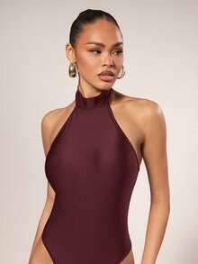 Hauture Women's Solid Color Casual Halter Neck Tank Top Bodysuit - Red Violet - View 6