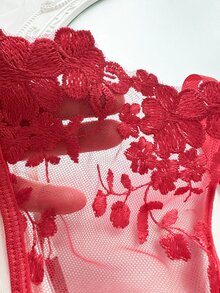 SHEIN 女款天藍色刺繡細肩帶內衣套裝 2件組 - 紅色 - 查看 3
