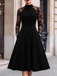 Velvienne Plus Size Women's Autumn Elegant Minimalist Fashion Commute Date Lace Patchwork Long Sleeve Mock Neck Cinched Waist A-Line Knit Dress Fall - Black - View 1
