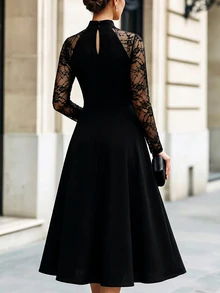 Velvienne Plus Size Women's Autumn Elegant Minimalist Fashion Commute Date Lace Patchwork Long Sleeve Mock Neck Cinched Waist A-Line Knit Dress Fall - Black - View 2