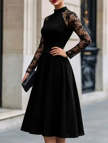 Velvienne Plus Size Women's Autumn Elegant Minimalist Fashion Commute Date Lace Patchwork Long Sleeve Mock Neck Cinched Waist A-Line Knit Dress Fall - Black - View 5