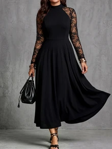 Velvienne Plus Size Women's Autumn Elegant Minimalist Fashion Commute Date Lace Patchwork Long Sleeve Mock Neck Cinched Waist A-Line Knit Dress Fall - Black - View 6