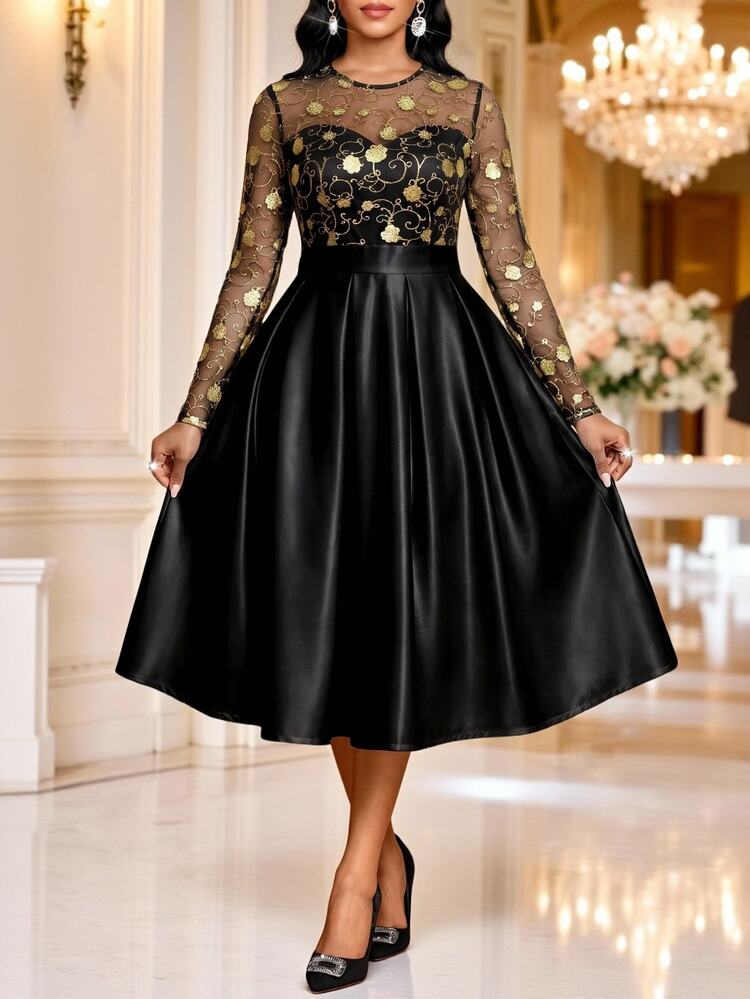 SHEIN Lady Women's Mesh Patchwork Long Sleeve Round Neck High Waist A-Line Elegant Dress Party Night Dinner Black And Gold Autumn - Black - View 5