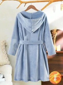 Boys' Plush Hooded Robe, Light Blue Fleece Fabric, Front Letter Embroidery, Thickened Long Sleeve Children's Bathrobe, Single Piece - Blue - View 3