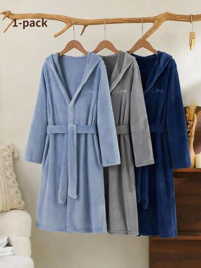 Boys' Plush Hooded Robe, Light Blue Fleece Fabric, Front Letter Embroidery, Thickened Long Sleeve Children's Bathrobe, Single Piece