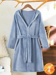 Boys' Plush Hooded Robe, Light Blue Fleece Fabric, Front Letter Embroidery, Thickened Long Sleeve Children's Bathrobe, Single Piece - Blue - View 4