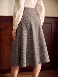 Vintamour 復古 70 年代優雅女款灰色格紋雙排扣口袋裙，適合辦公室、度假、商務休閒、返校、工作，秋季冬季聖誕穿搭 - 棕色 - 查看 7