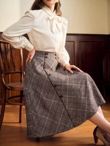 Vintamour 復古 70 年代優雅女款灰色格紋雙排扣口袋裙，適合辦公室、度假、商務休閒、返校、工作，秋季冬季聖誕穿搭 - 棕色 - 查看 8