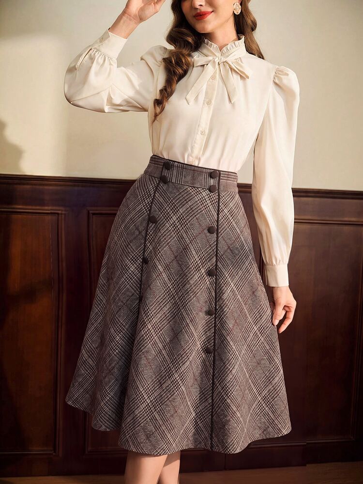 Vintamour Vintage 70s Elegant Women's Skirt Pockets Double Breasted Office Holiday Business Casual Homecoming Work Grey Plaid Autumn Fall Winter Christmas - Brown - View 3