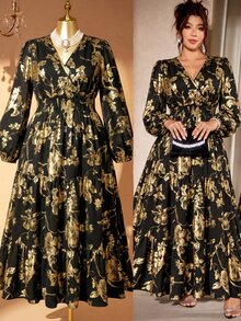 Rometta 大尺碼女款優雅針織彈性金箔花卉V領前綁帶長袖洋裝，適合派對、萬聖節與秋季外出穿著 - 金色 - 查看 4
