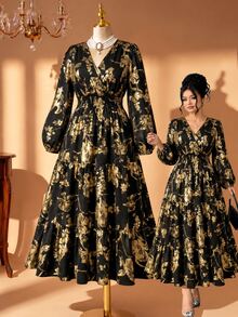 Rometta 大尺碼女款優雅針織彈性金箔花卉V領前綁帶長袖洋裝，適合派對、萬聖節與秋季外出穿著 - 金色 - 查看 1