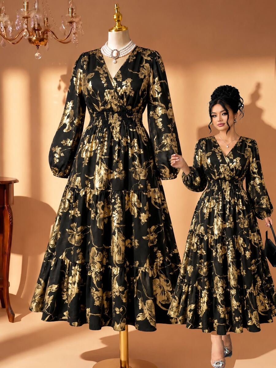 Rometta 大尺碼女款優雅針織彈性金箔花卉V領前綁帶長袖洋裝,適合派對、萬聖節與秋季外出穿著 - 金色 - 查看 1